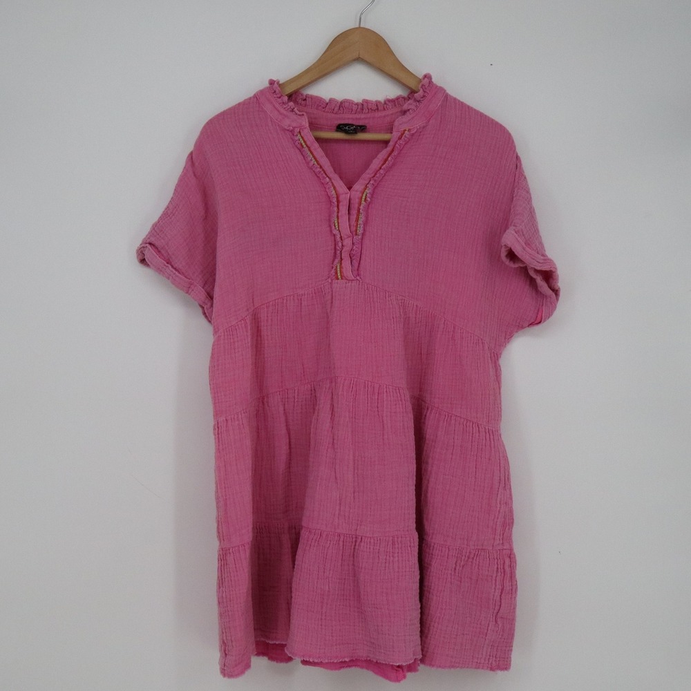 GIGIO USA Pink Cotton Gauze Tiered Tunic Top Short Sleeve Boho Small